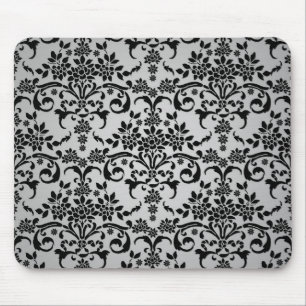 Black and Silvery White Floral Damask Pattern Mouse Pad