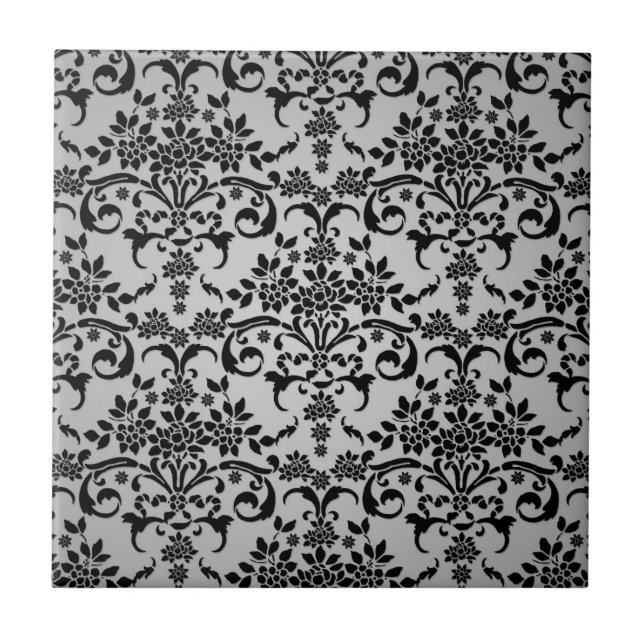 Black and Silvery White Floral Damask Pattern Tile (Front)