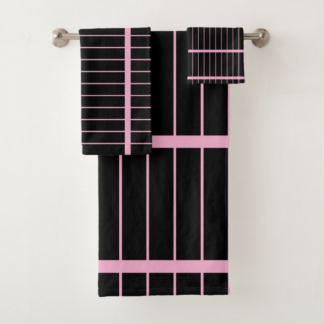 Black And Soft Pink  Stripe  Bath Towel Set (Insitu)