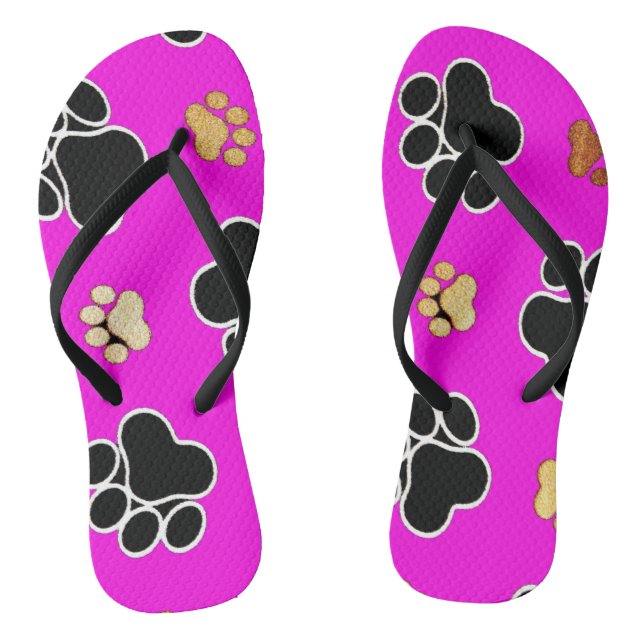 Black and tan canine dog paw print pink flip flops (Footbed)