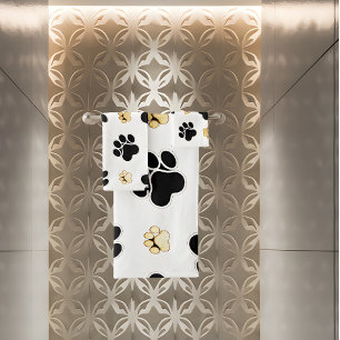 Black and tan canine dog paw print white bath towel set