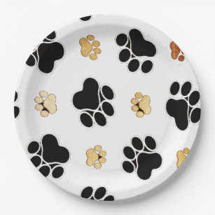 Black and tan canine dog paw print white paper plate