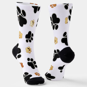 Black and tan canine dog paw print white  socks