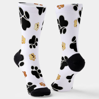 Black and tan canine dog paw print white  socks