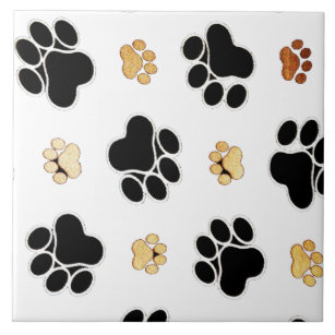 Black and tan canine dog paw print white tile