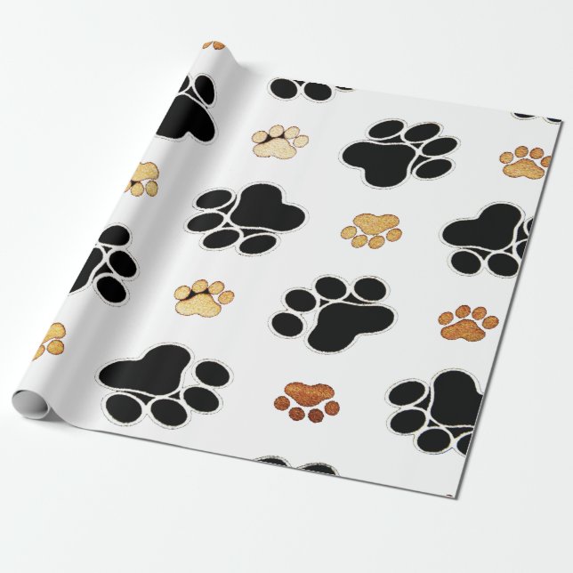 Black and tan canine dog paw print white wrapping paper (Unrolled)