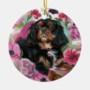 Black and tan Cavalier Christmas Ornament floral