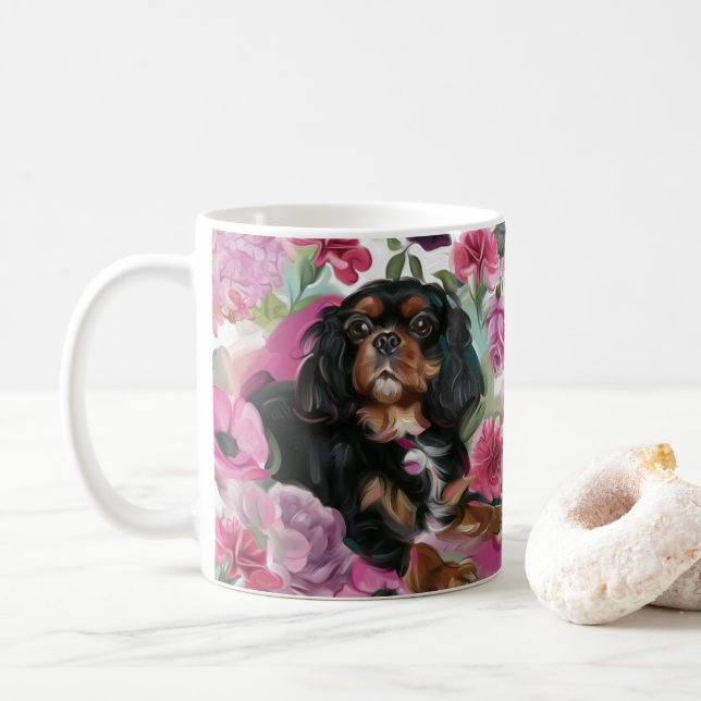 Black and Tan Cavalier coffee mug (With Donut)