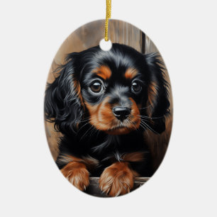 Black and tan Cavalier puppy Ceramic Ornament