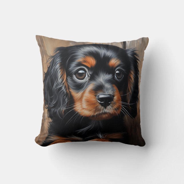 Black and tan Cavalier puppy Throw Pillow (Front)