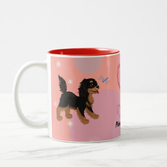 Black and Tan Cavalier Spaniel and Dragonfly Two-Tone Coffee Mug (Left)