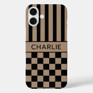 Black and Tan Chequered Striped Personalized iPhone 16 Plus Case