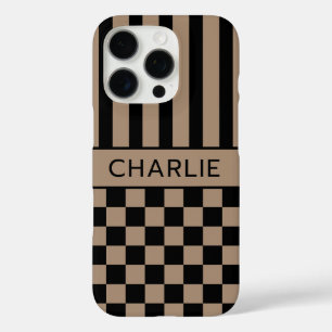 Black and Tan Chequered Striped Personalized iPhone 16 Pro Case