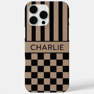 Black and Tan Chequered Striped Personalized iPhone 16 Pro Max Case