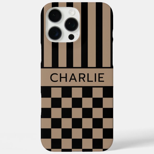 Black and Tan Chequered Striped Personalized Case-Mate iPhone Case (Back)