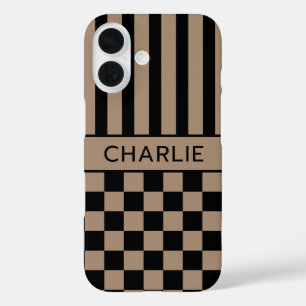 Black and Tan Chequered Striped Personalized iPhone 16 Case