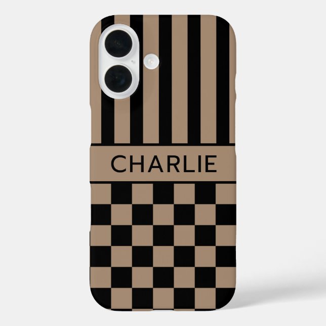 Black and Tan Chequered Striped Personalized Case-Mate iPhone Case (Back)
