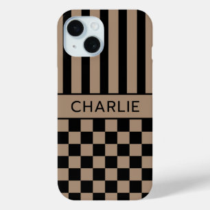 Black and Tan Chequered Striped Personalized iPhone 15 Case
