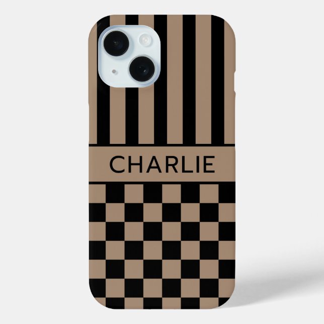 Black and Tan Chequered Striped Personalized Case-Mate iPhone Case (Back)