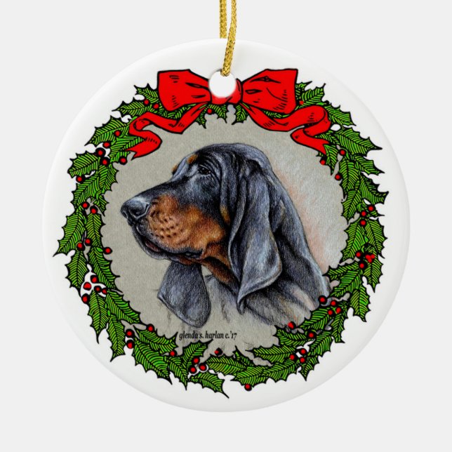 Black and Tan Coonhound Art by Glenda S. Harlan Ceramic Ornament (Front)