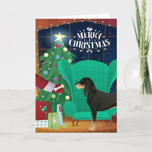 Black and Tan Coonhound Christmas Santa's Gift Holiday Card (Front)