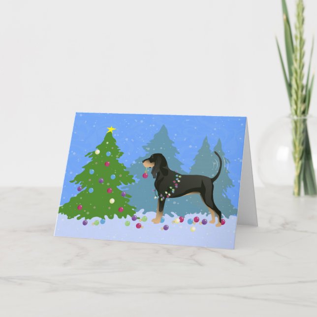 Black and Tan Coonhound Decorating Christmas Tree Holiday Card (Front)