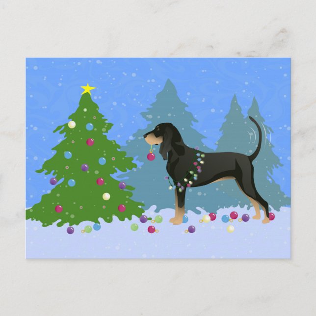 Black and Tan Coonhound Decorating Christmas Tree Holiday Postcard (Front)