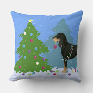 Black and Tan Coonhound Decorating Christmas Tree Throw Pillow
