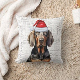 Black and Tan Coonhound Dog Watercolor Christmas Throw Pillow