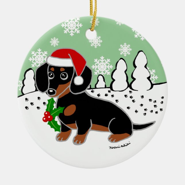 Black and Tan Dachshund Cute Eyes Santa Ceramic Ornament (Front)