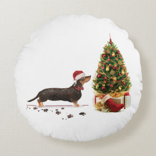 Black and Tan Dachshund Funny Christmas Dog Round Pillow