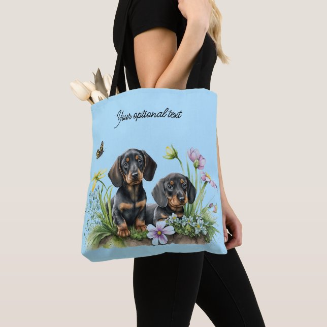 BLACK AND TAN DACHSHUND PUPPIES TOTE BAG (Close Up)