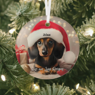 Black and Tan Dachshund Puppy with Santa Hat Glass Ornament