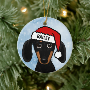 Black and Tan Dachshund Santa Dog Custom Name Ceramic Ornament