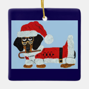 Black and Tan Dachshund Santa with a Candy Cane Ceramic Ornament