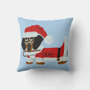 Black and Tan Dachshund Santa with a Candy Cane  Throw Pillow