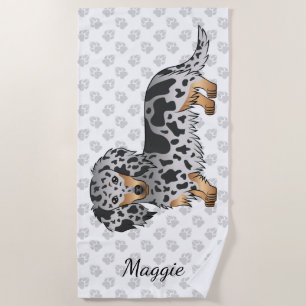 Black And Tan Dapple Long Hair Dachshund & Name Beach Towel