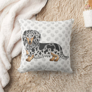Black And Tan Dapple Long Hair Dachshund & Paws Throw Pillow