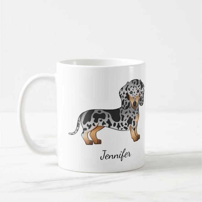 Black And Tan Dapple Short Hair Dachshund & Name Coffee Mug (Left)
