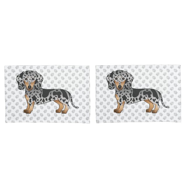 Black And Tan Dapple Short Hair Dachshund & Paws Pillowcase (Front-Set)