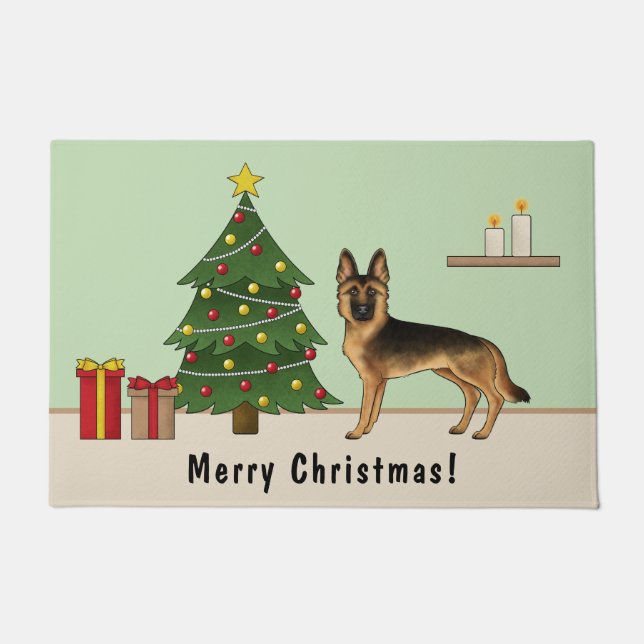 Black And Tan German Shepherd And A Christmas Tree Doormat (Front)