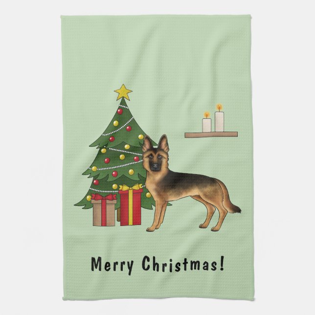 Black And Tan German Shepherd And A Christmas Tree Kitchen Towel (Vertical)
