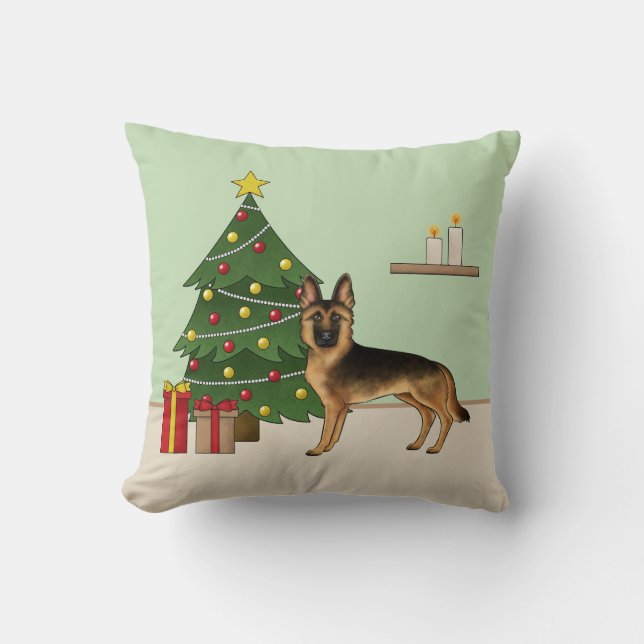 Black And Tan German Shepherd And A Christmas Tree Throw Pillow (Front)