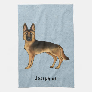 Black And Tan German Shepherd And Custom Name Blue Kitchen Towel