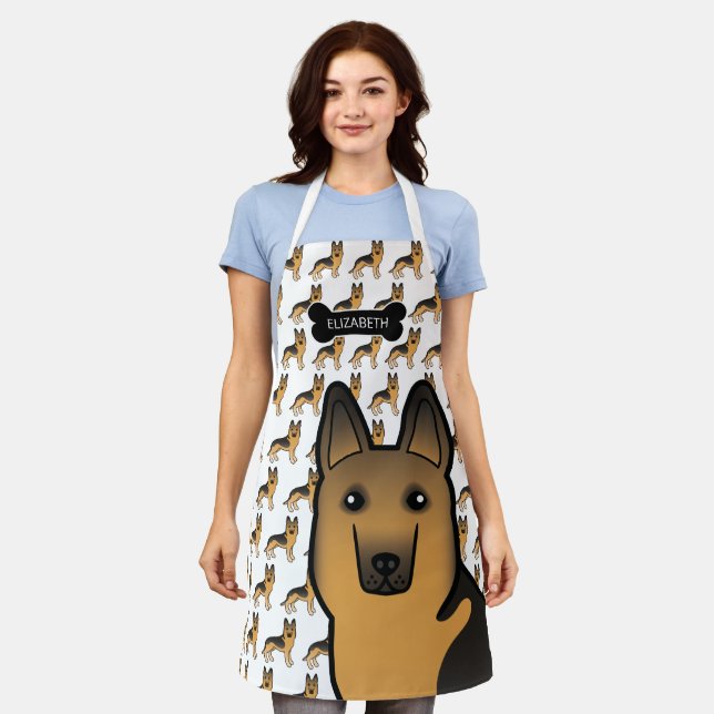 Black And Tan German Shepherd Cartoon Dog & Name Apron (Worn)