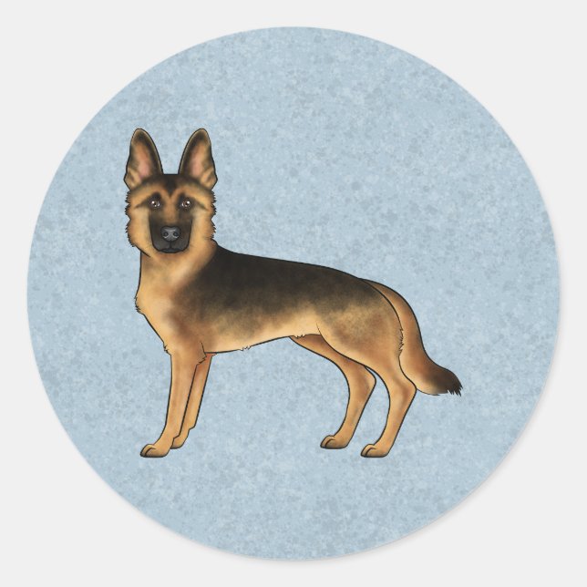 Black And Tan German Shepherd Cartoon Dog On Blue Classic Round Sticker (Front)