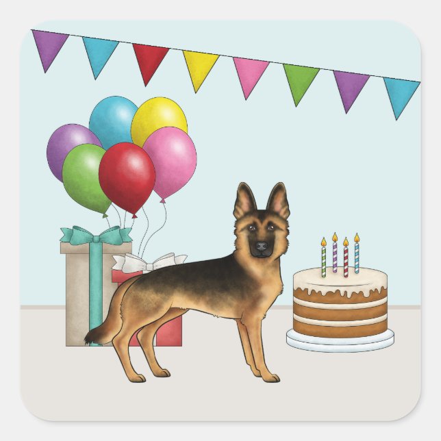 Black And Tan German Shepherd Colourful Birthday Square Sticker (Front)