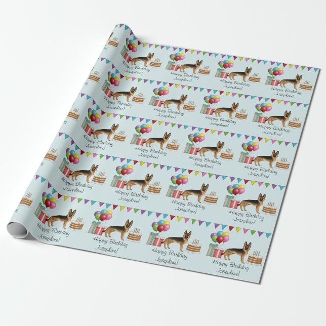 Black And Tan German Shepherd Colourful Birthday Wrapping Paper (Unrolled)