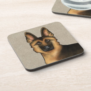Black And Tan German Shepherd Cute Dog Head Beige Coaster
