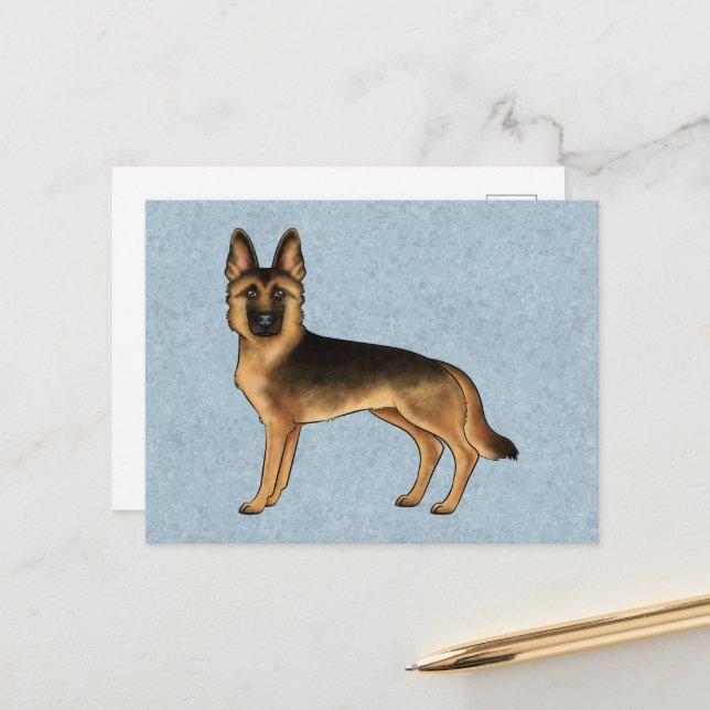 Black And Tan German Shepherd Cute GSD Dog Blue Postcard (Front/Back In Situ)